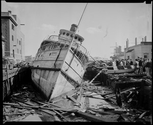 Steamer Monhegan sits at pier in Providence, Hurricane of 38