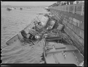 Expensive power boats smashed against granite walls in Charles River Basin, Hurricane of '38