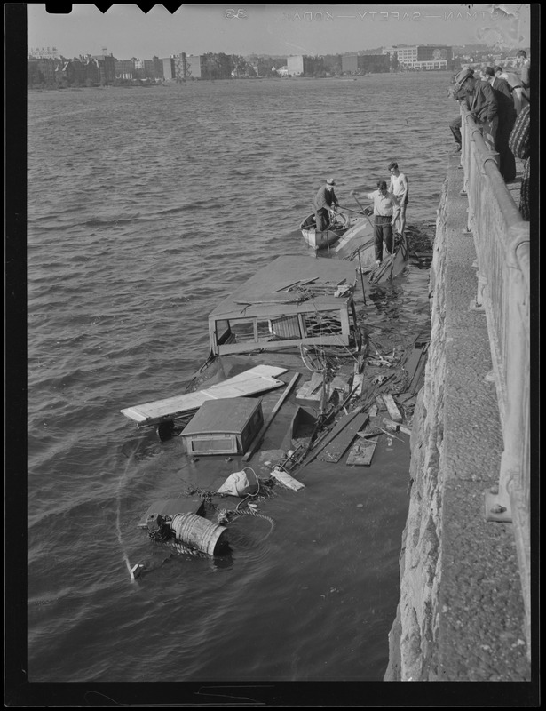 Expensive power boats smashed against granite walls in Charles River Basin, Hurricane of '38