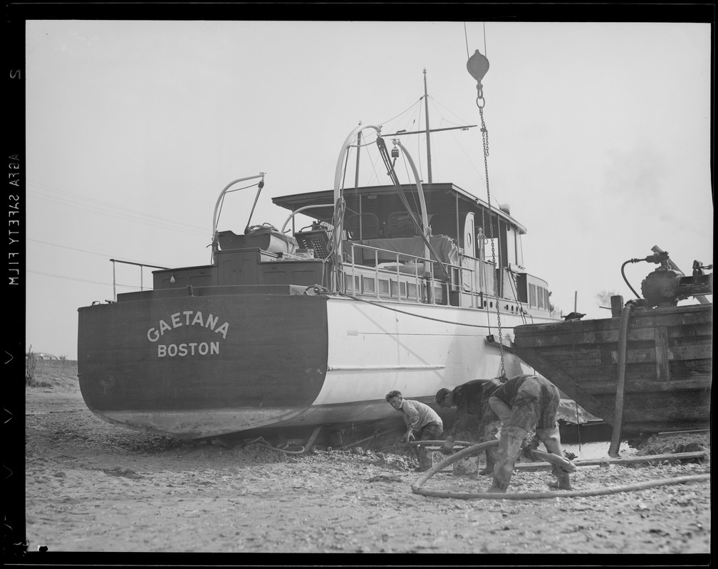 Crane barge helps motor yacht "Gaetana" back into water, Hurricane of 38