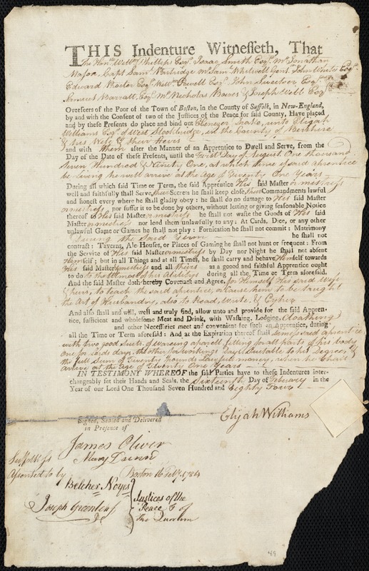 Ebenezer Drake indentured to apprentice with Elijah Williams of West Stockbridge, 16 February 1784