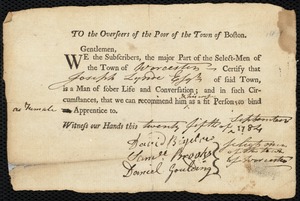 Rebecca Hinds indentured to apprentice with Joseph Lynde of Worcester, 6 October 1784