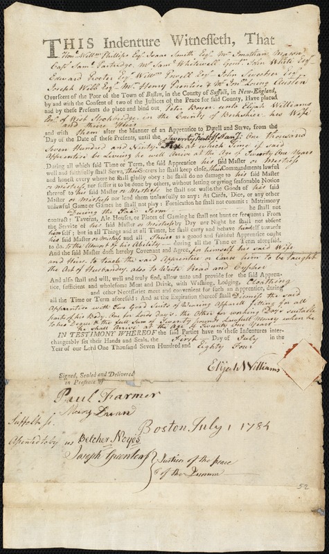 Peter Boyer indentured to apprentice with Elijah Williams of West Stockbridge, 1 July 1784