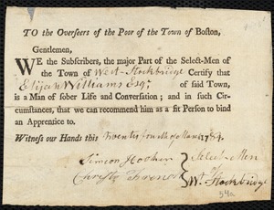 Sarah Richardson indentured to apprentice with Elijah Williams of West Stockbridge, 16 February 1784