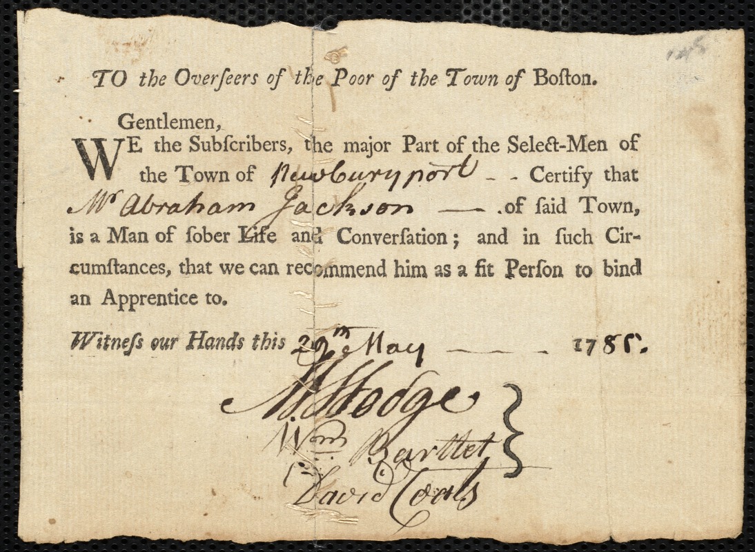 Susannah [Sussana] Lewis indentured to apprentice with Abraham Jackson of Newburyport, 4 June 1785