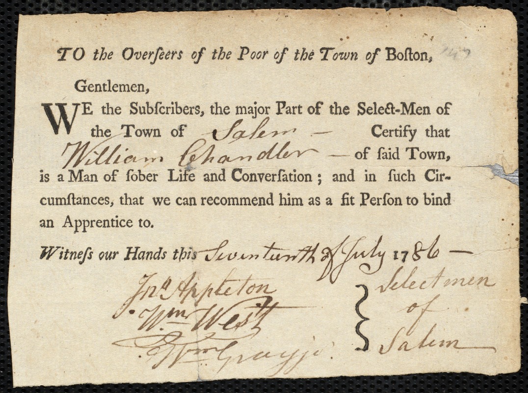 Benjamin Scott indentured to apprentice with William Chandler, Jr. of Salem, 16 August 1784
