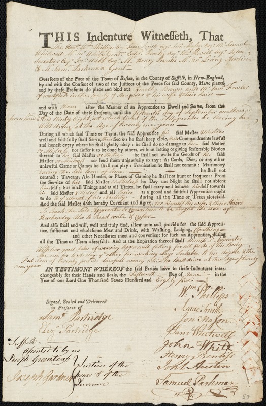 Timothy Brown indentured to apprentice with Samuel Fowler of Westfield, 15 June 1785