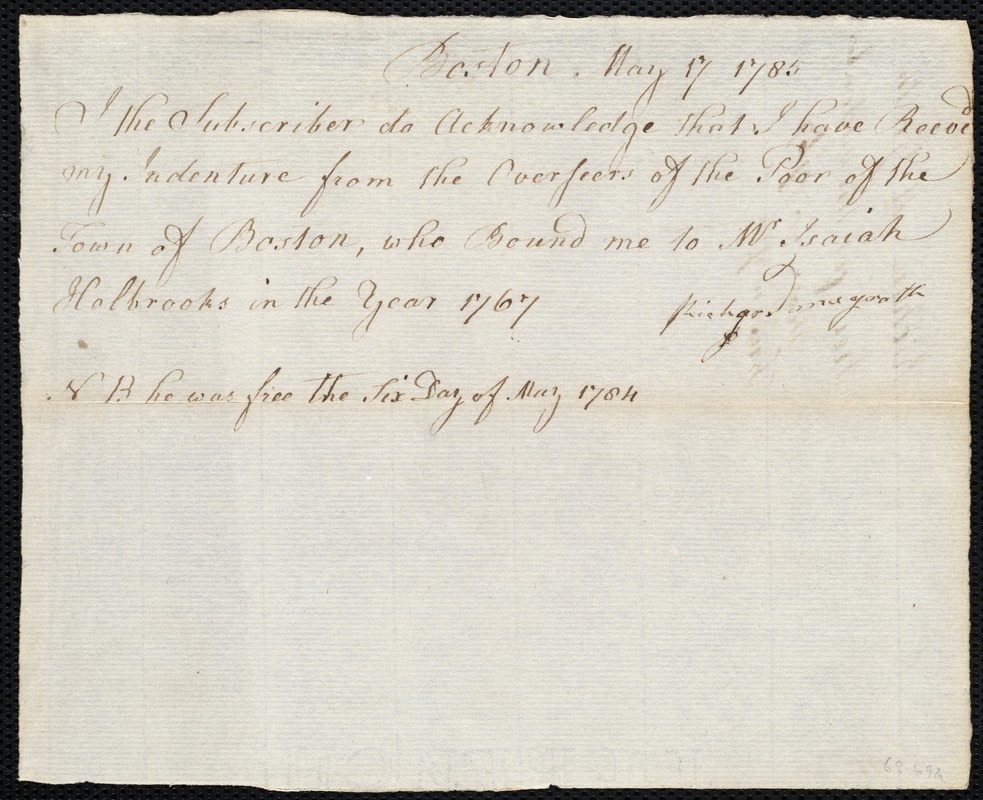 Richard McGrath indentured to apprentice with Isaiah Holbrooks of Boston, 17 May 1785