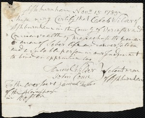 Charles Dix Wallis indentured to apprentice with Caleb Wilder of Ashburnham, 31 October 1789