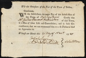James Gordon indentured to apprentice with Justus Forward of Belchertown, 10 November 1785