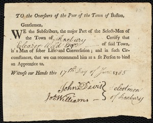 Elizabeth Patten indentured to apprentice with Eleazer Weld of Roxbury, 25 June 1785