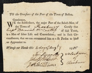 David Riley indentured to apprentice with Daniel McCarthy of Roxbury, 3 August 1785