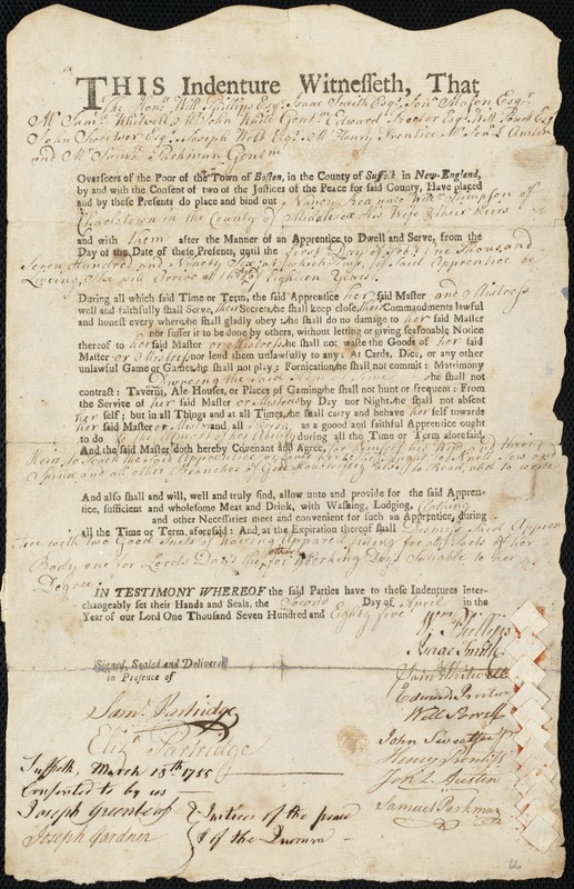 Nancy Rea indentured to apprentice with William Simpson of Charlestown, 2 April 1785