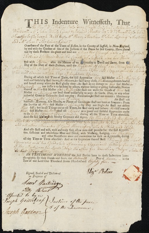 Marther [Martha] Clough indentured to apprentice with Elizabeth Perkins of Boston, 16 June 1785