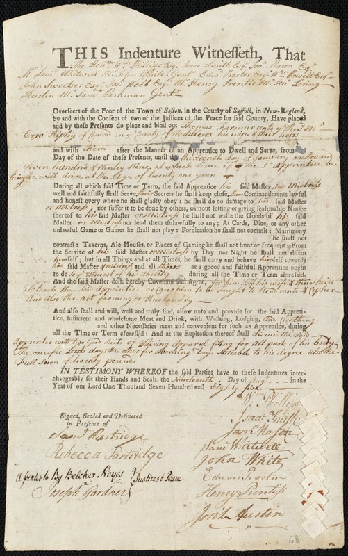 Thomas Farmer indentured to apprentice with Ezra Ripley of Concord, 19 August 1785