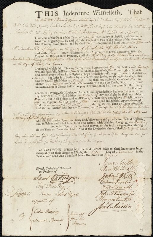 James White indentured to apprentice with Stephen Fales of Taunton, 8 September 1786