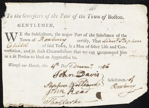 Betsey Pool indentured to apprentice with Stephen Child of Roxbury, 24 November 1786