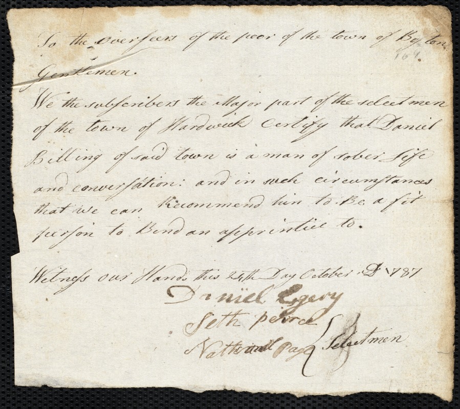 Joanna Goodrage indentured to apprentice with Daniel Billing [Billings] of Hardwick, 1 November 1787