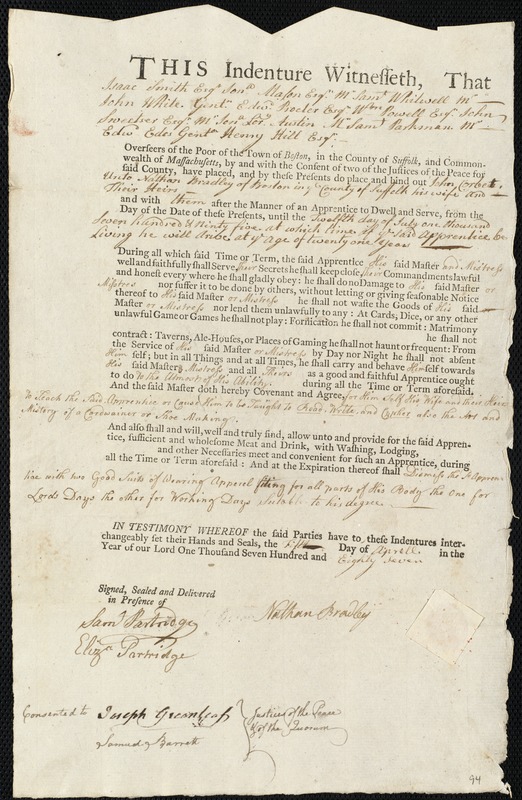 John Corbet indentured to apprentice with Nathan Bradley of Boston, 5 April 1787