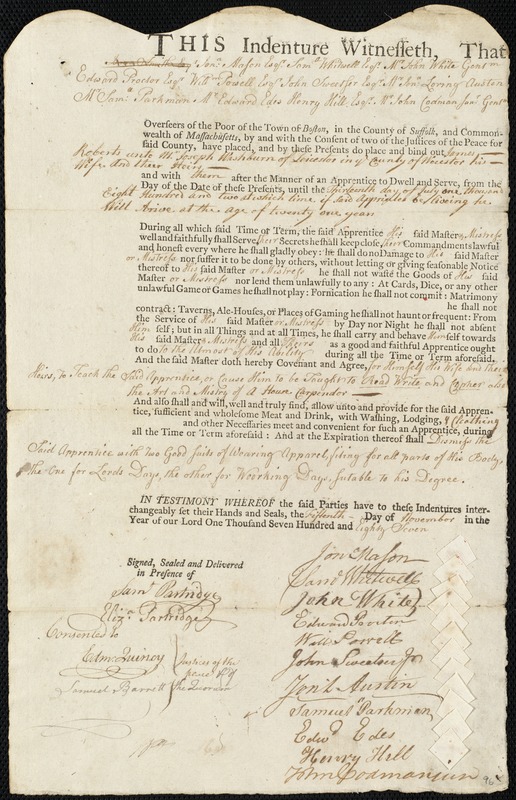 James Roberts indentured to apprentice with Joseph Washburn of Leicester, 15 November 1787