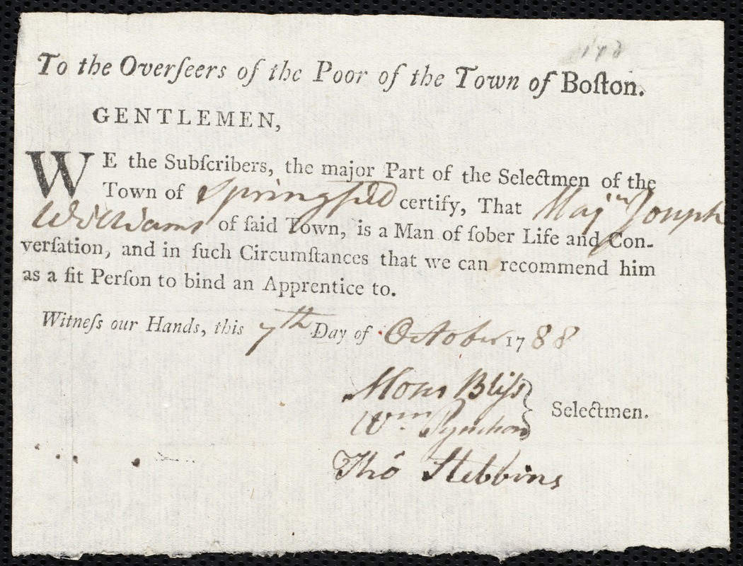 Jane Sigourney indentured to apprentice with Joseph Williams of Springfield, 16 October 1788