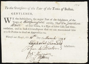 Nathaniel Pierce indentured to apprentice with Jonathan White of West Springfield, 29 February 1788