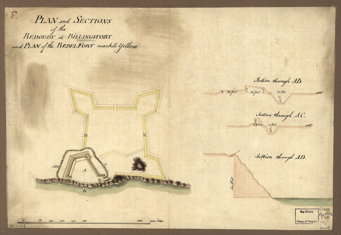 Plan and sections of the redoubt at Billingsfort and plan of the rebel fort marked yellow