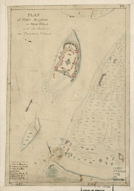 Plan of Fort Mifflin on Mud Island, with the batteries on Province Island