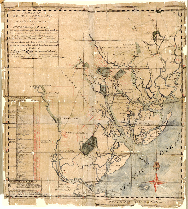 A map of South Carolina from the Savannah Sound to St. Helena's Sound, with the several plantations, their proper boundary lines, their names, and the names of the proprietors included and the grants of lands belonging to Landgrave William Hodgson, coloured green and edged with red with additional plans of those plots which have been resurvey'd by order of Messrs. Boss & Brailsford the purchasers from Hodgson, who inherited from his ancestors, as they had their original grant, from the Palatinate Lord Carteret &c
