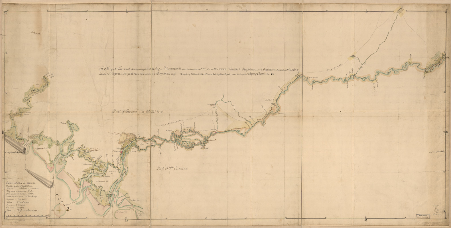 A map of Savannah River beginning at Stone-Bluff, or Nexttobethell, which continueth to the sea