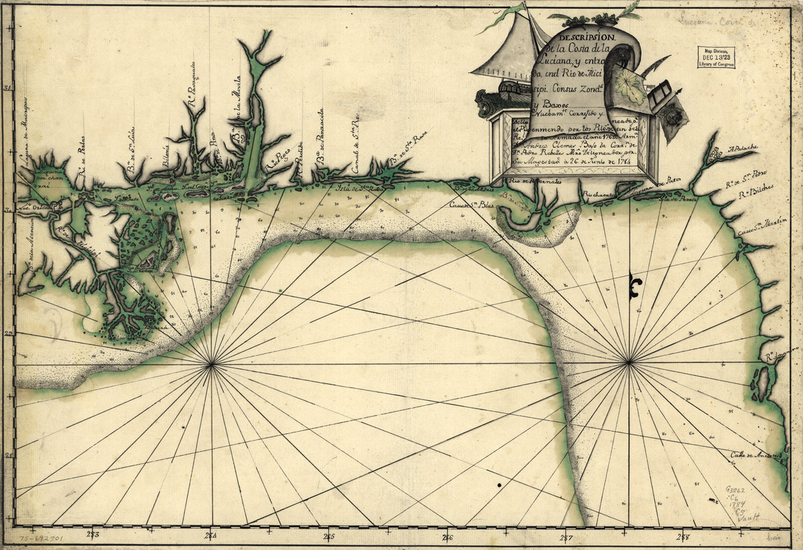 Descripsión de la costa de la Luciana y entrada en el Río de Micisipi con sus zonds. y baxos, nuebamte. correjido y enmendo por los pilos. de la Armada, el año 1769