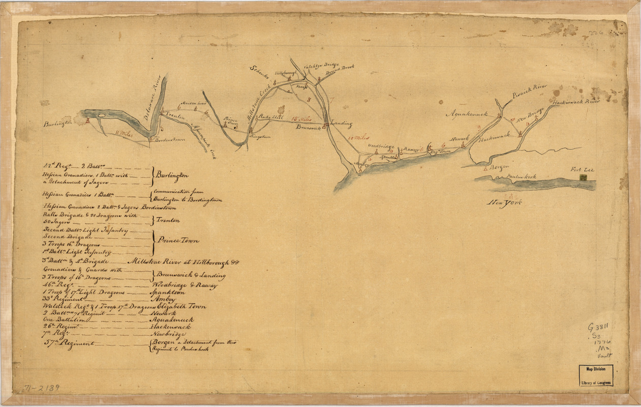 Map of British outposts between Burlington and New Bridge, New Jersey, December 1776