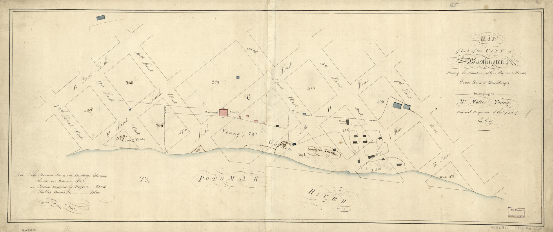 Map of part of the city of Washington shewing the situation of the mansion house, grave yard & buildings belonging to Mr. Notley Young