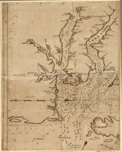 Chart showing the depth of the James and York rivers as they enter Chesapeake Bay, with towns adjacent