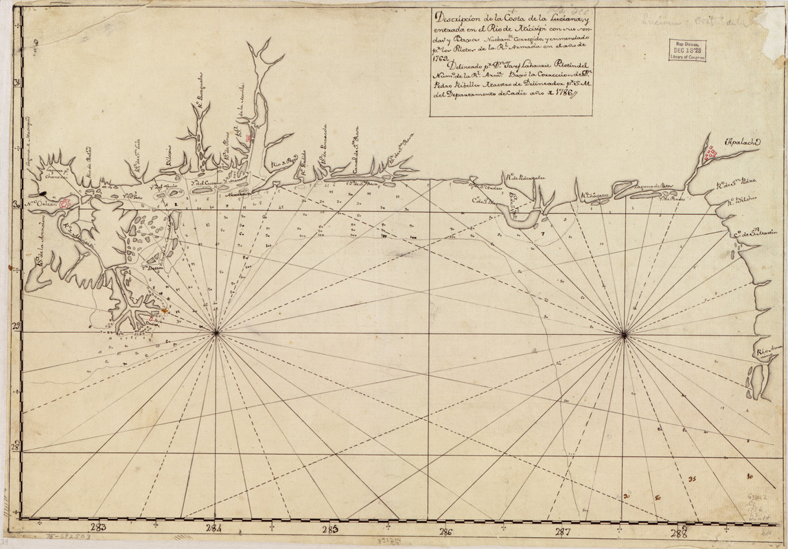 Descripción de la costa de la Luciana y entrada en el Río de Micisipi con sus sondas y bajos nuebamte. corregido y enmendado pr. los pilotos de la Rl. Armada en el año de 1769