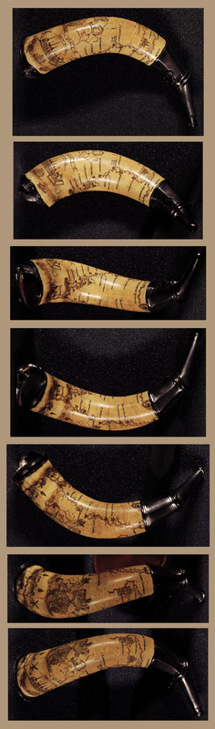 Powder horn with hand-drawn map of the Hudson River (above Albany), Mohawk River, Niagara region, and Lake Ontario in New York Province