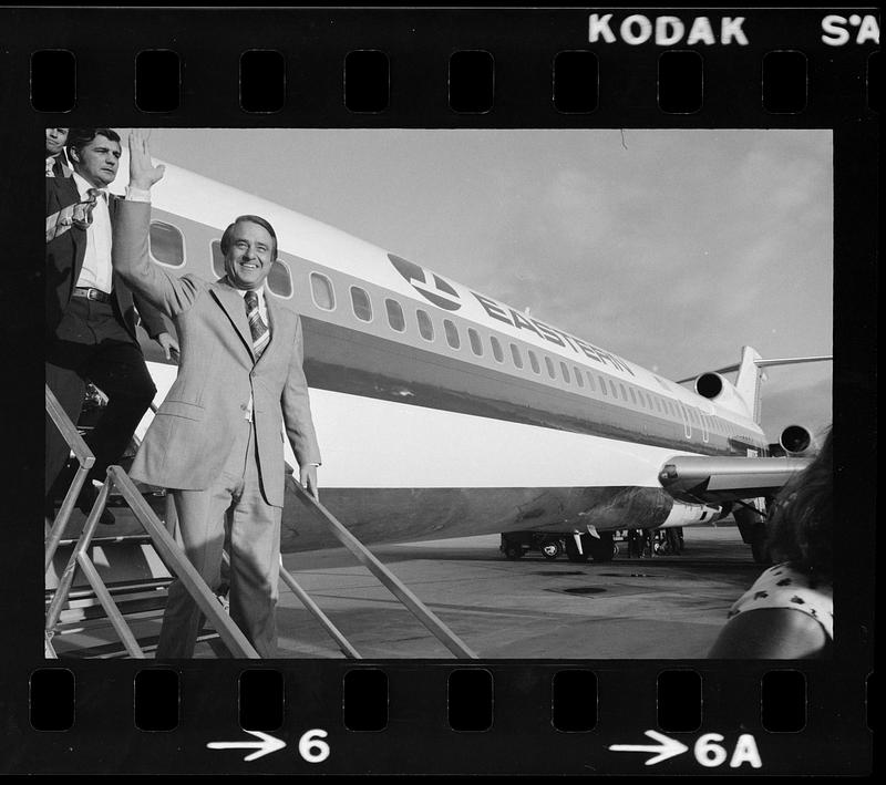 Eunice and Sargent Shriver arrive at Logan Airport, East Boston