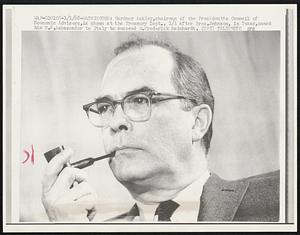 Gardner Ackley, chairman of the President's Council of Economic Advisers, is shown at the Treasury Dept., 1/1 after Pres. Johnson, in Texas, named him U.S. Ambassador to Italy to succeed G. Frederick Reinhardt.