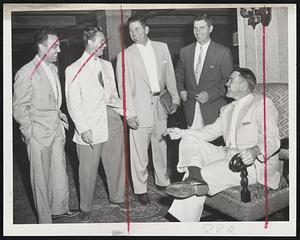 Three Little Indians and happy ones at that are (left to right) Wally Westlake, Billy Glynn and Dave Philley of Cleveland, whose cause for happiness is also the reason for the woe of the Red Sox who have dropped four straight to the Indians and were meeting the league leaders at Fenway Park again today.