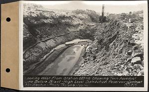 Contract No. 80, High Level Distribution Reservoir, Weston, looking west from Sta. 889+10 showing twin aqueduct line before blast, high level distribution reservoir, Weston, Mass., Jan. 23, 1940