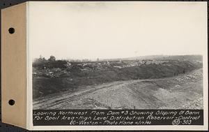 Contract No. 80, High Level Distribution Reservoir, Weston, looking northwest from dam 3 showing sloping of bank for spoil area, high level distribution reservoir, Weston, Mass., Apr. 17, 1940