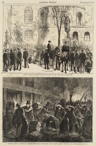 Boston--headquarters of the military in the City Hall court-yard ; Boston--scene in Chauncey Street--merchants defending their goods against thieves and roughs