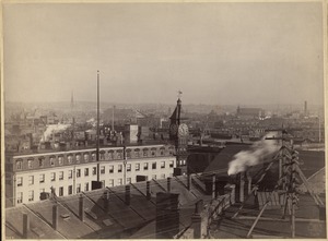 Looking northeast towards Brattle Street showing the front of the Quincy House, Old North Church in distance
