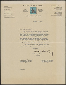 Paul U. Kellogg (Survey Associates) typed letter signed to Aldino Felicani, New York, N. Y., August 3, 1933