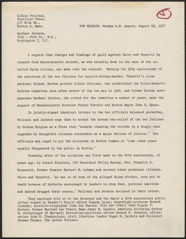 Aldino Felicani and Gardner Jackson press release, Boston, Mass., August 26, 1957