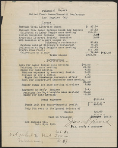 Joseph Spivak (United Front Sacco-Vanzetti Conference) typed financial report, Los Angeles, Calif., October 25, 1926