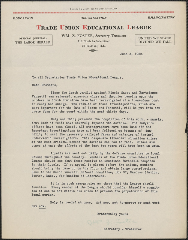 William Z. Foster (Trade Union Educational League) typed letter (circular), Chicago, Ill., June 3, 1922