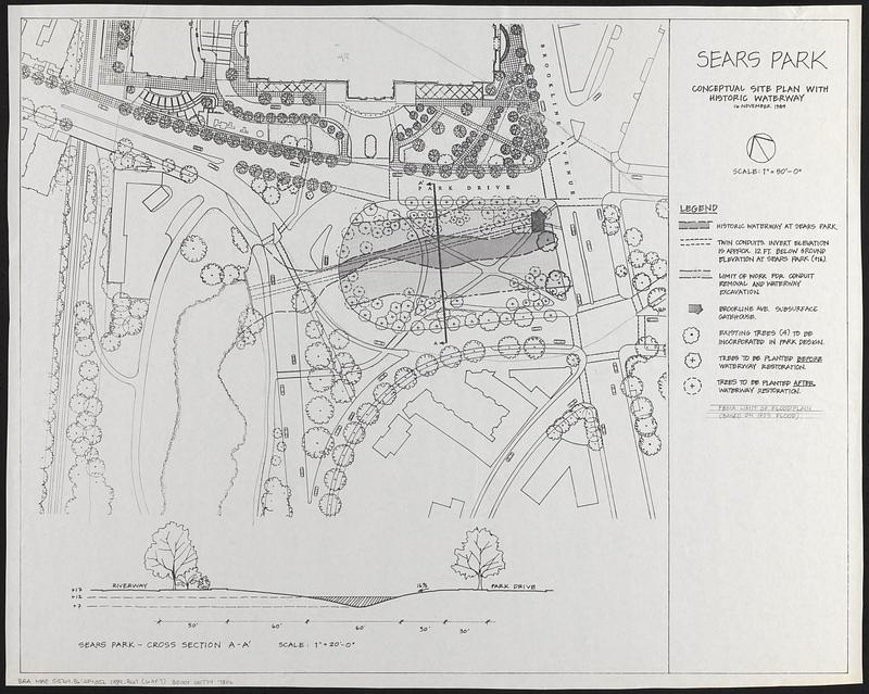 Sears Park conceptual site plan with historic waterway