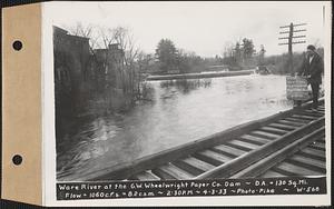 Ware River at the G.H. Wheelwright Paper Co. dam, drainage area = 130 square miles, flow 1060 cubic feet per second = 8.2 cubic feet per second per square mile, 2:30 PM, Barre, Mass., Apr. 3, 1933