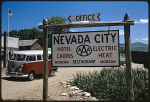 Sign indicating Nevada City hotel, cabins, and restaurant, Nevada City, Montana